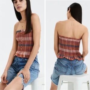 American Eagle Outfitters Plaid Smocked Ruffle Hem Bandeau Tube Top‎ in Size S